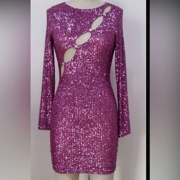 Blanc pink dress in sequins and buttons with crystals long sleeve New - Picture 1 of 11